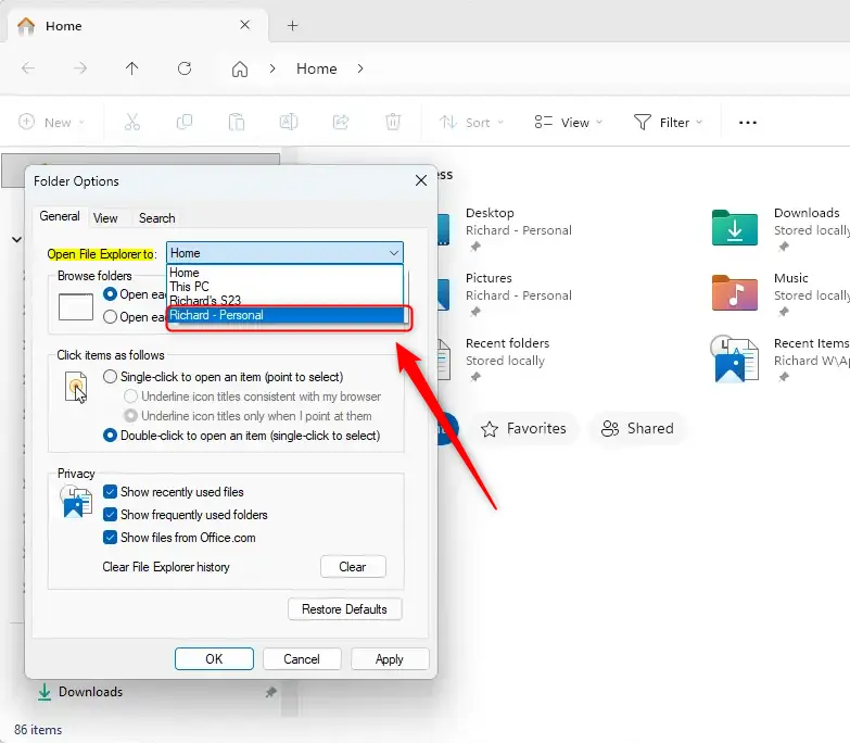 File Explorer settings window showing option to open to OneDrive.