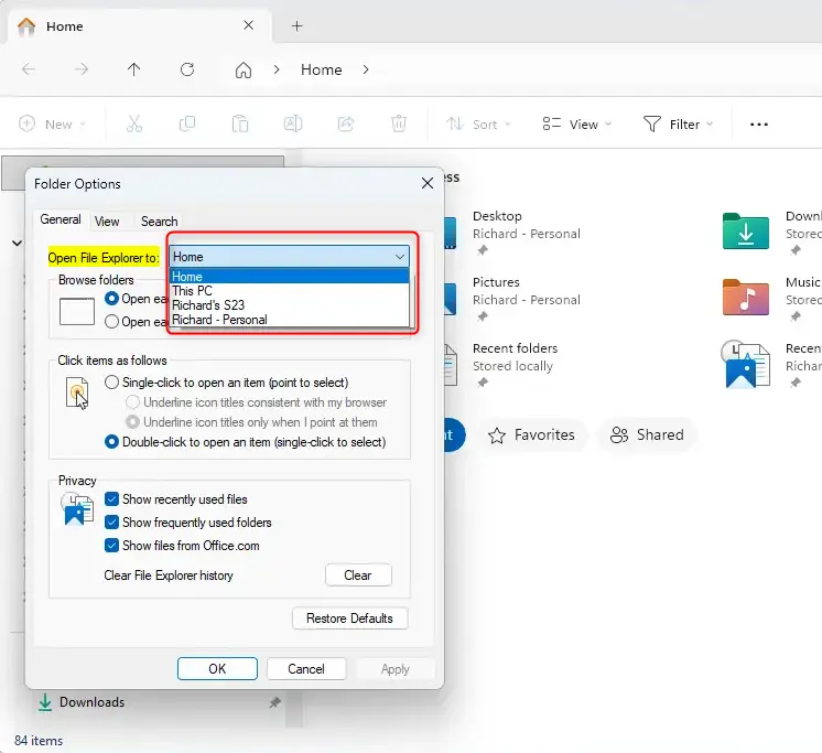 Select 'This PC' to change File Explorer default folder in Windows 11.