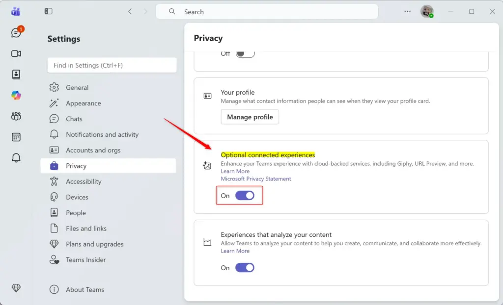 Microsoft Teams settings for optional connected experiences