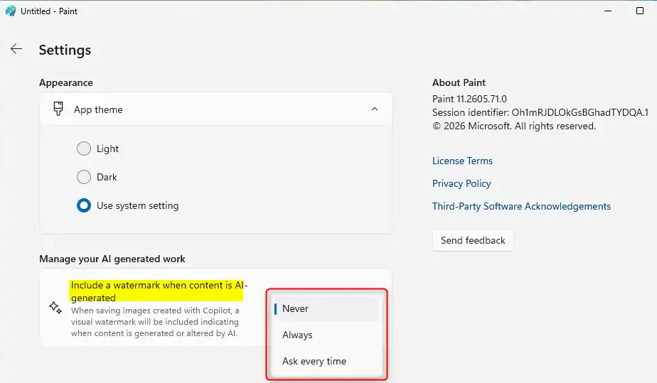 Paint app settings showing the AI watermark option for generated content.