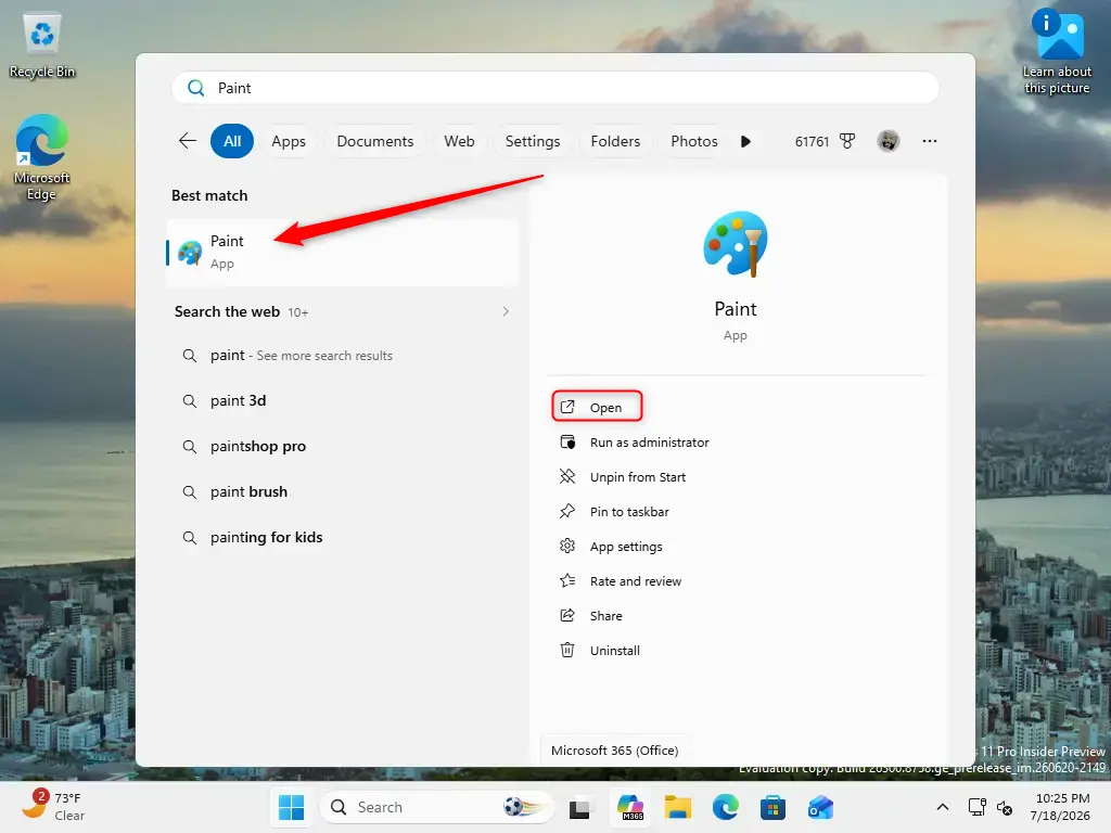 Paint app icon highlighted in Windows 11 Start menu search results.