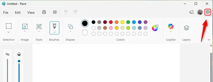 Paint app settings gear icon in the top right corner.