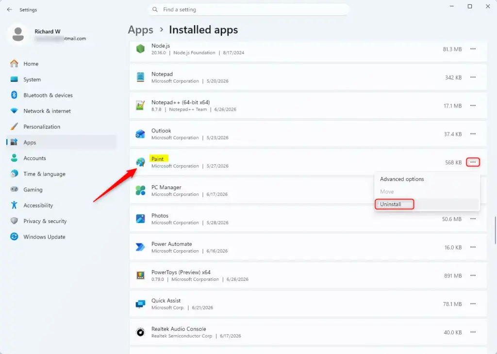Uninstall Paint button in Windows 11 Settings app