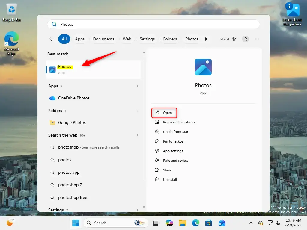 Windows 11 Photos app highlighted in the Start menu search results.