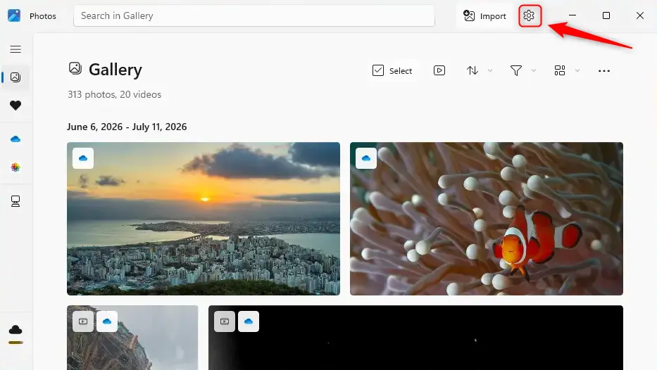Settings gear icon within the Windows 11 Photos app interface.