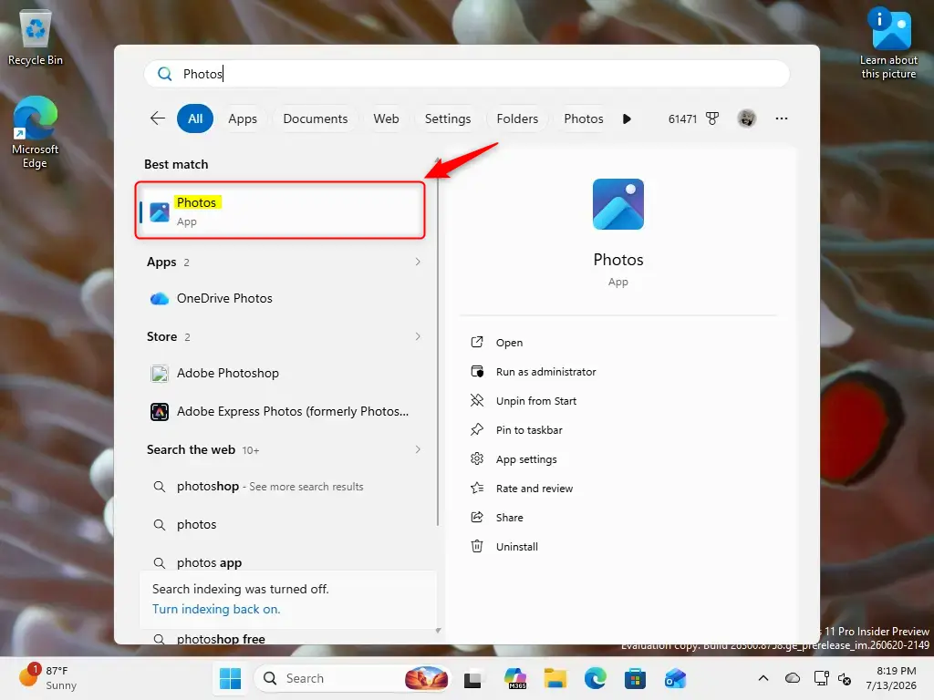 Windows 11 Start menu with Photos app highlighted.