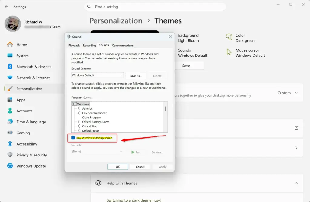 Windows 11 sound settings with the Play Windows Startup sound checkbox.