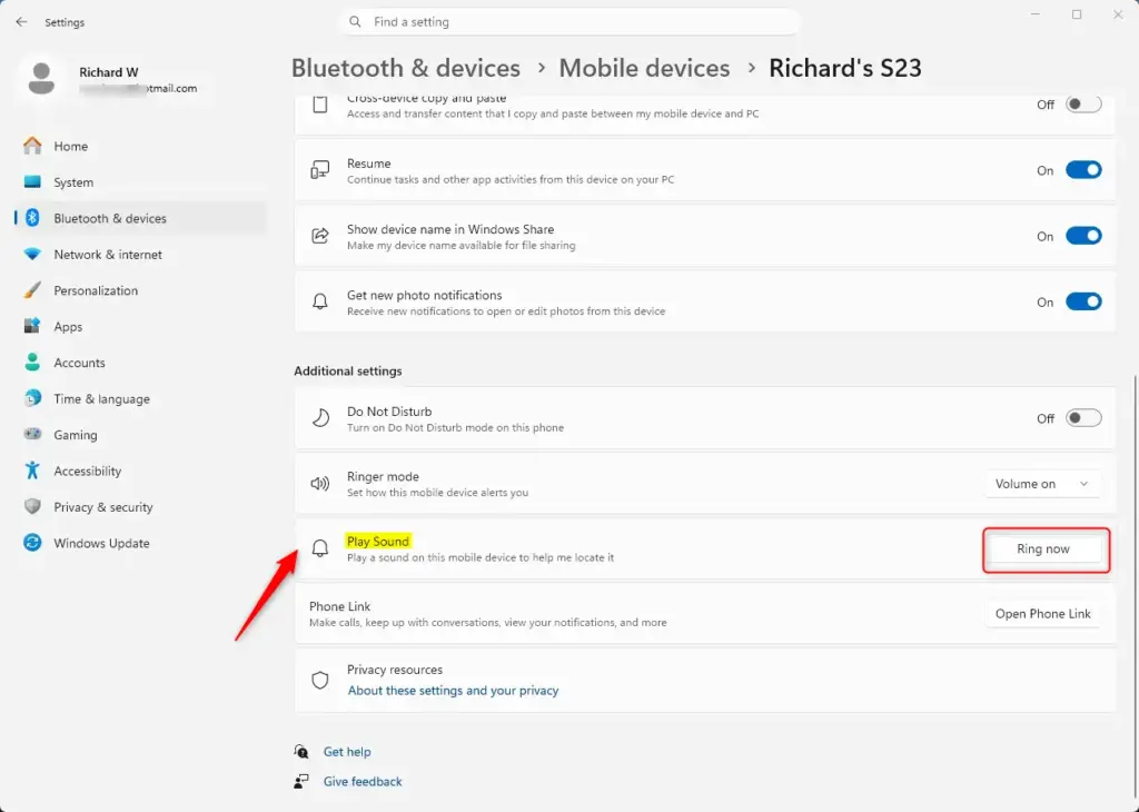 Phone Link app 'Ring now' button to play sound on mobile device