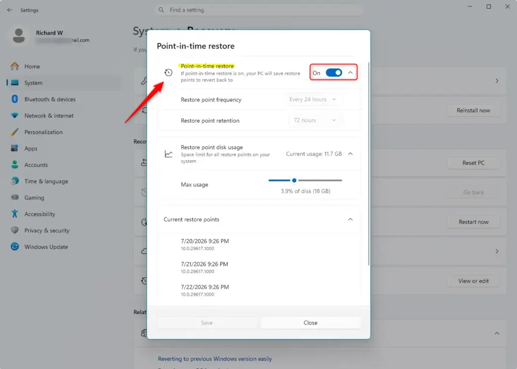 Enable or disable point-in-time restore in Windows 11 settings.