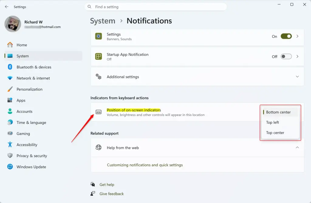 Windows 11 settings for changing on-screen indicator position.