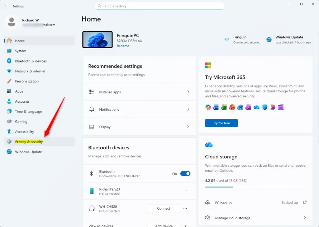 Windows 11 Settings app with Privacy & security highlighted.