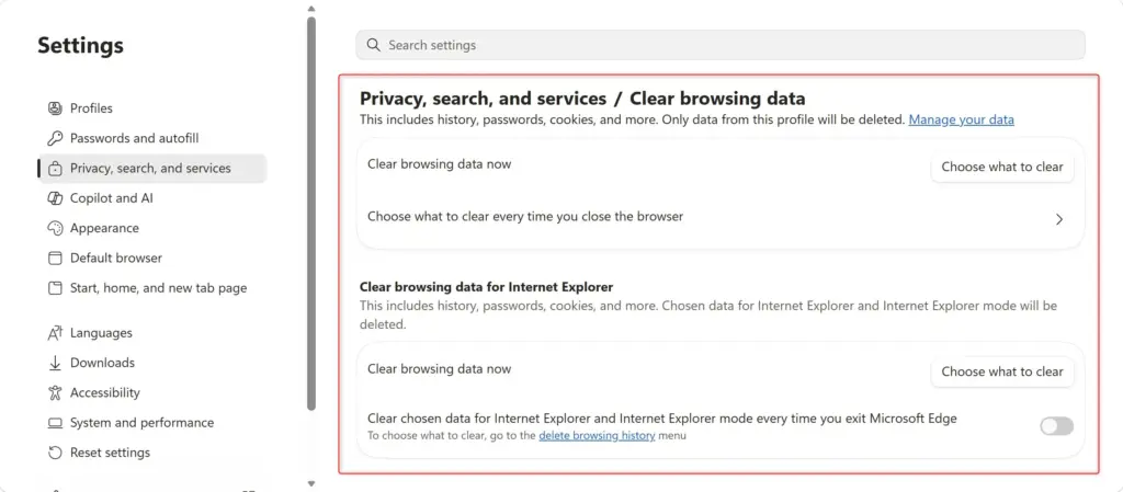 Microsoft Edge privacy settings for clearing browsing data and search services.