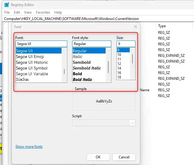 Change_Registry_Editor_font-2.png Registry Editor font options window with font, style, and size selectors.