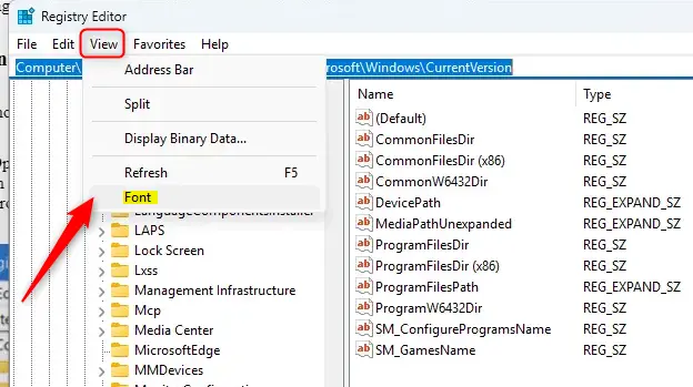 Change_Registry_Editor_font-1.png Registry Editor window showing the font selection menu open.