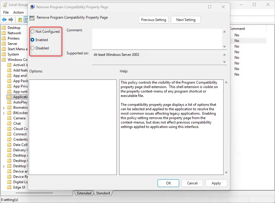 Group Policy Editor options for removing program compatibility properties.