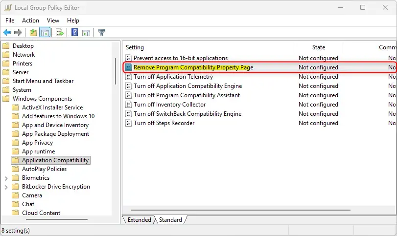 Group Policy Editor window showing option to remove program compatibility properties page.