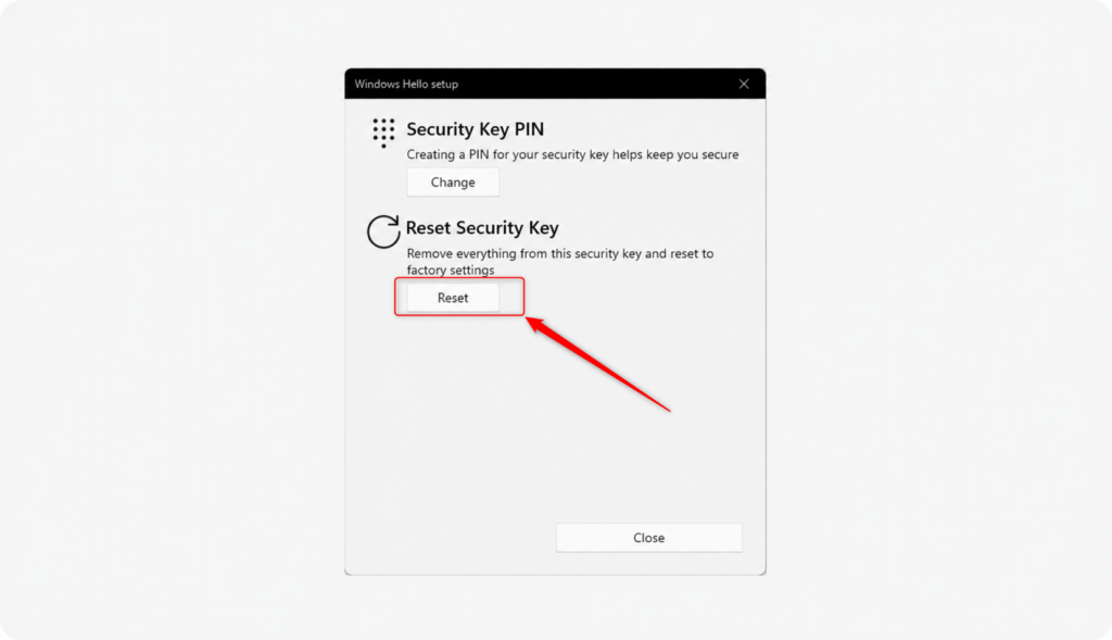 Close-up of the 'Reset Security Key' button in Windows 11 settings.