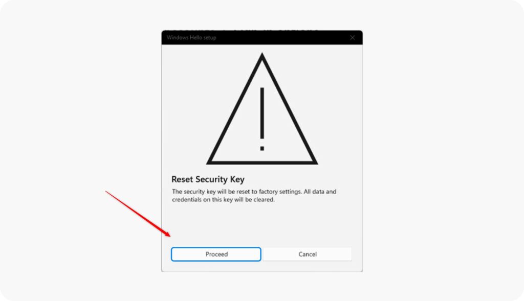 Windows 11 prompt to confirm security key reset action.