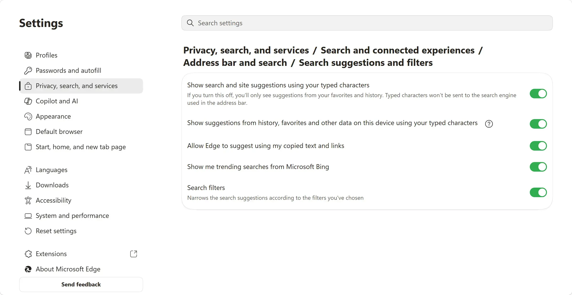 Microsoft Edge settings for search suggestions and content filters.
