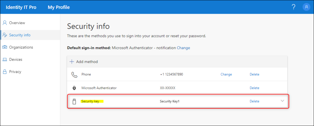 List of registered security keys in Microsoft account settings.
