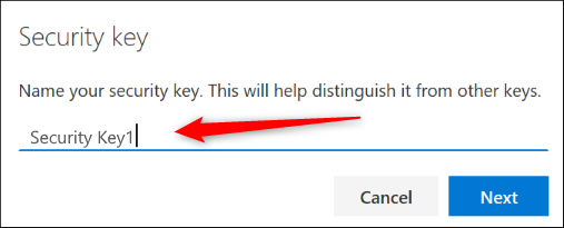 Naming your security key for Microsoft account registration.