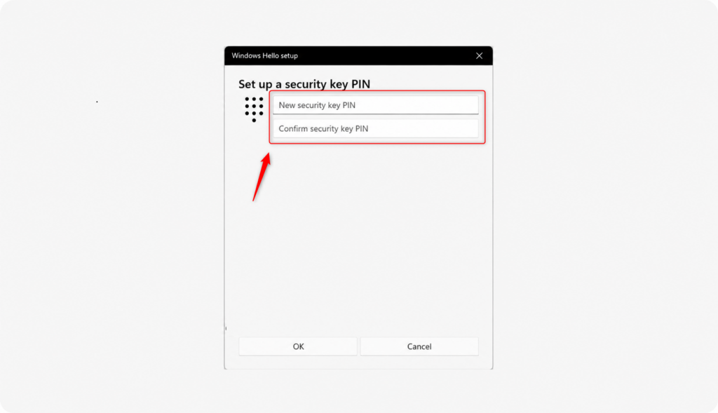 Windows 11 security key setup screen for new PIN creation.