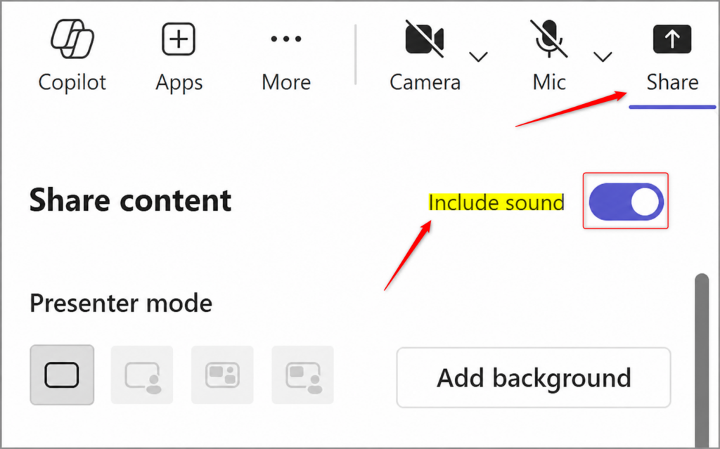 Microsoft Teams meeting controls showing the 'Share' button to start screen sharing.