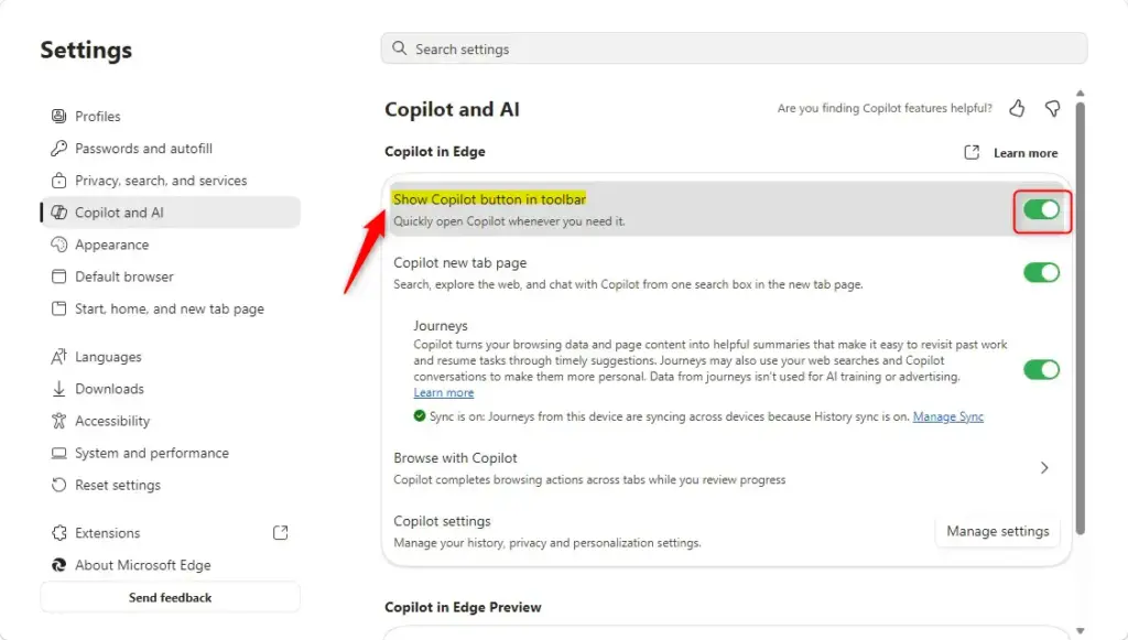 Show Copilot button in toolbar setting in Microsoft Edge settings.