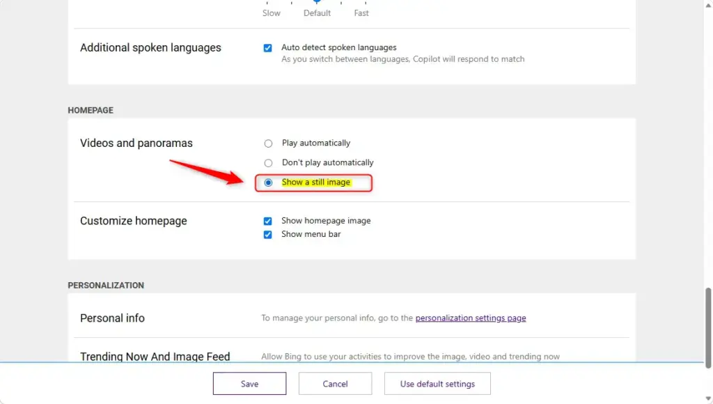 Bing homepage settings showing still image option instead of video