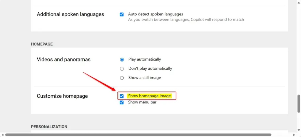 Checkbox for 'Show homepage image' setting on Bing.