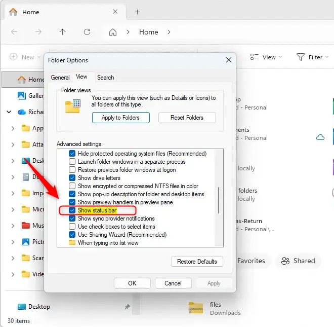 File Explorer showing status bar with file count and view options.