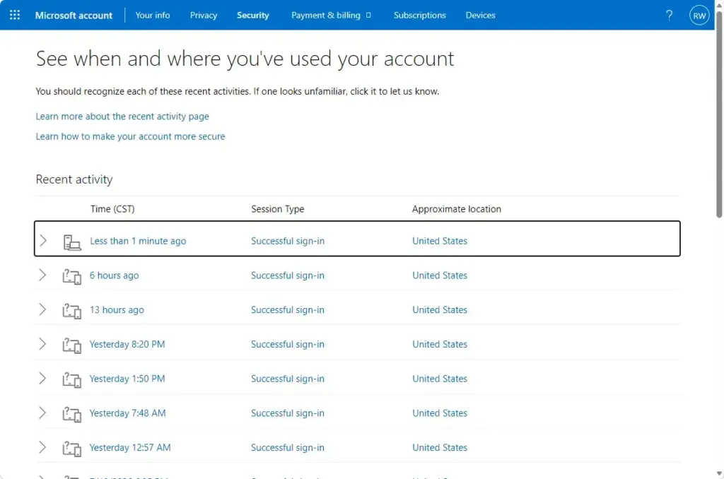Microsoft account recent sign-in activity log page example