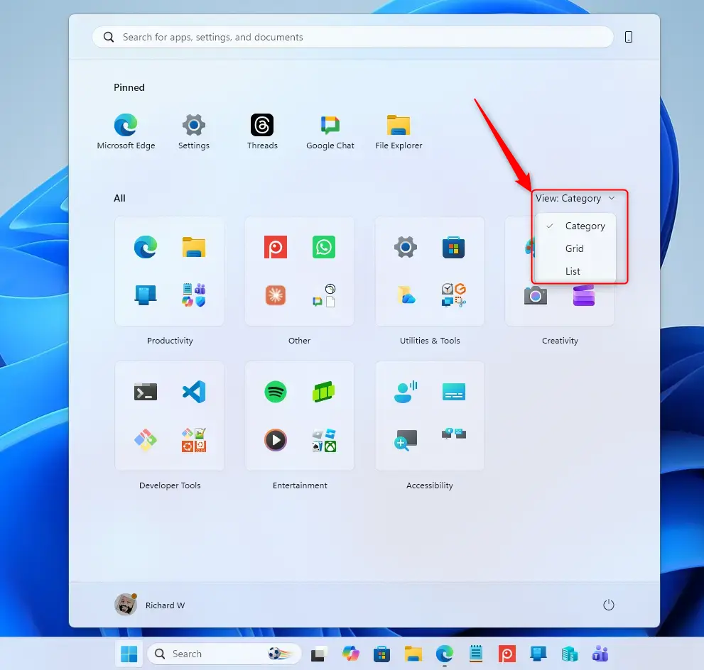 Windows 11 Start menu category view options for all apps.