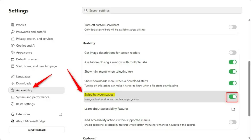 Microsoft Edge settings menu showing swipe between pages option