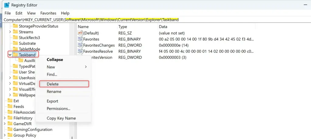 Registry Editor window showing Taskband delete location for Windows 11 taskbar.