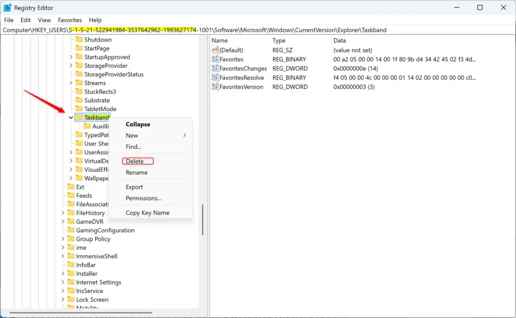 Registry Editor showing Taskband delete path with SID for Windows 11 taskbar.