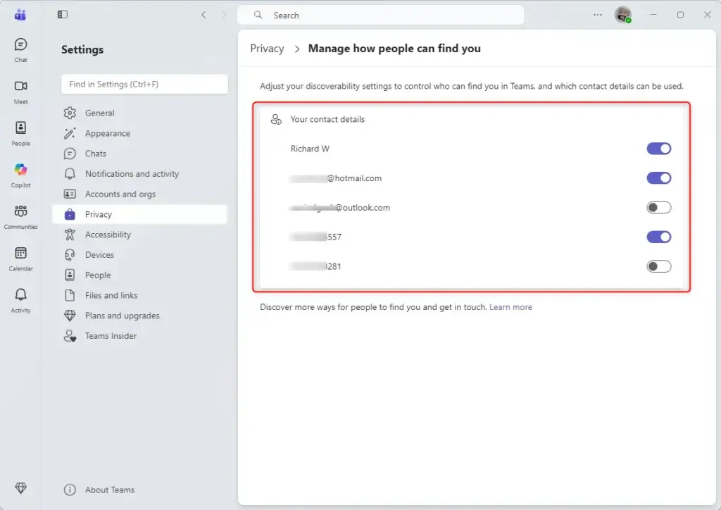 Team contact information settings for managing discoverability in Teams.