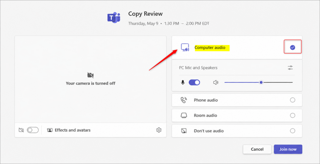 Microsoft Teams pre-join screen showing computer audio selected.