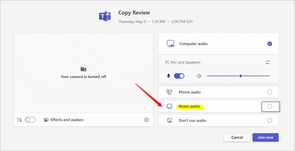 Microsoft Teams pre-join screen showing meeting room audio selected.