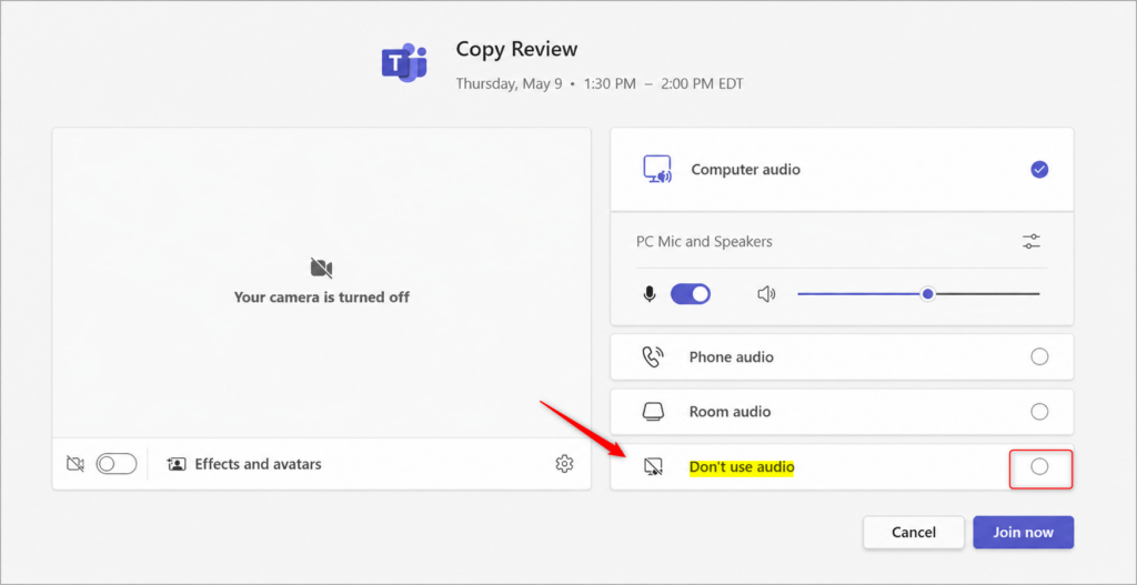 Microsoft Teams pre-join screen with no audio selected.