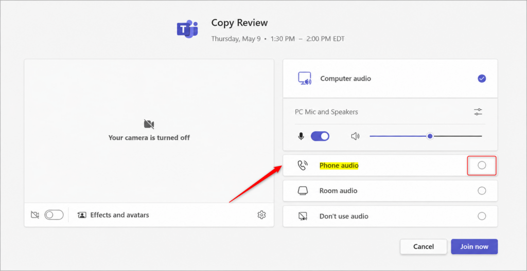 Microsoft Teams pre-join screen with phone audio selected.