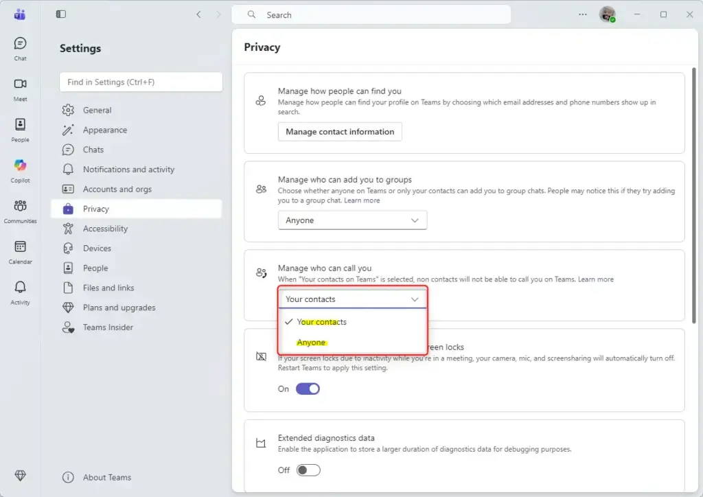 Teams privacy settings for managing who can call you.