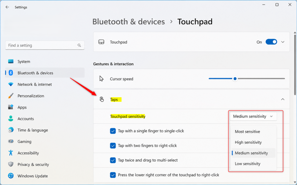 Windows 11 touchpad sensitivity options: Low, Medium, High, Most Sensitive.