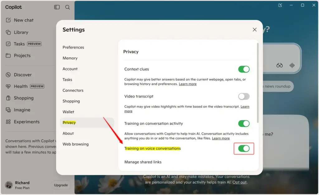 Microsoft Copilot privacy settings showing 'Training on voice conversation' toggle.