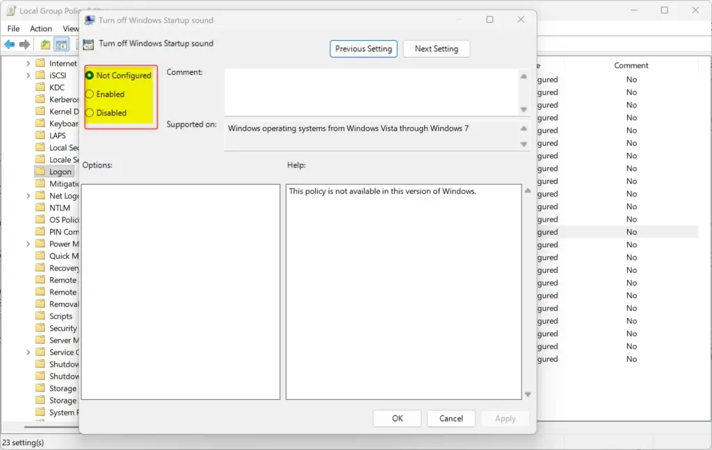 Windows 11 sound settings window with startup sound options visible.