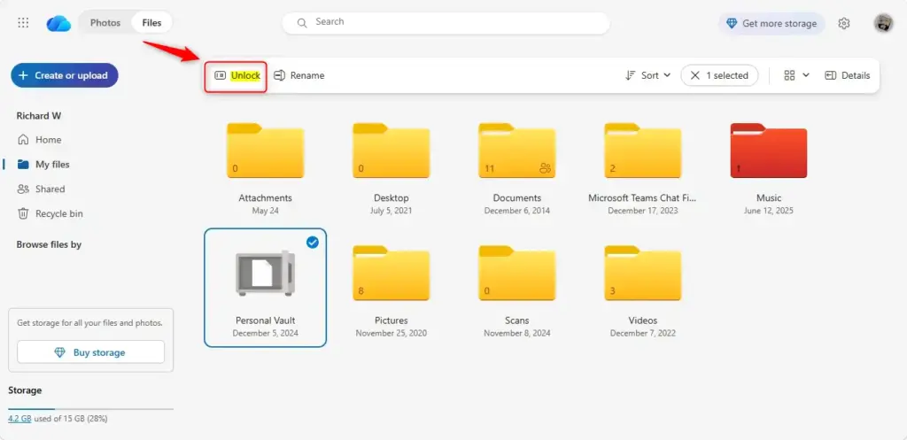 Screen showing how to unlock OneDrive Personal Vault.