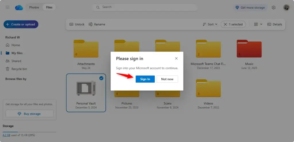 Sign-in screen for unlocking OneDrive Personal Vault.