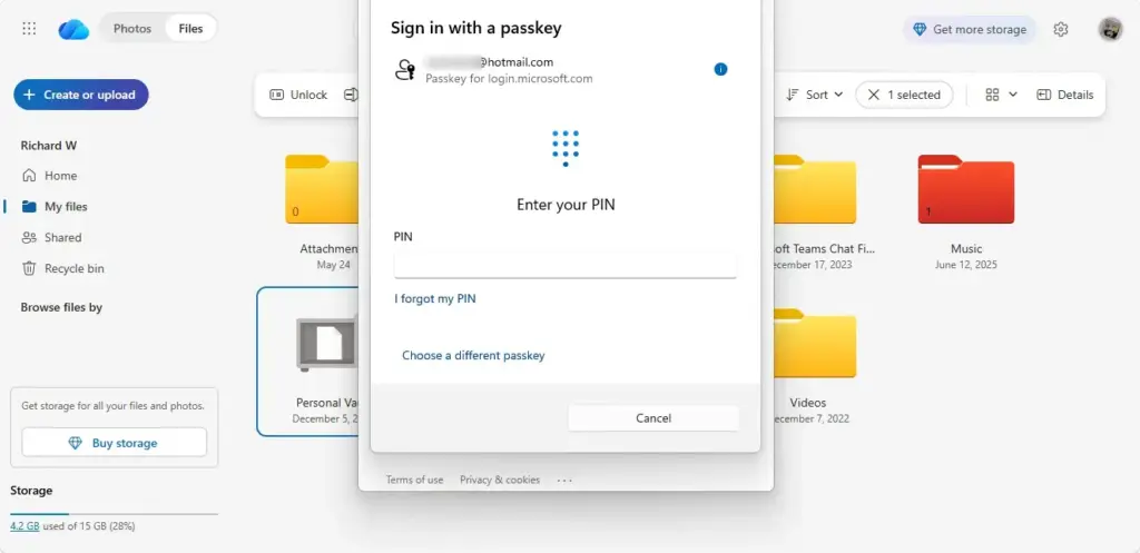 Enter PIN to unlock OneDrive Personal Vault screen.