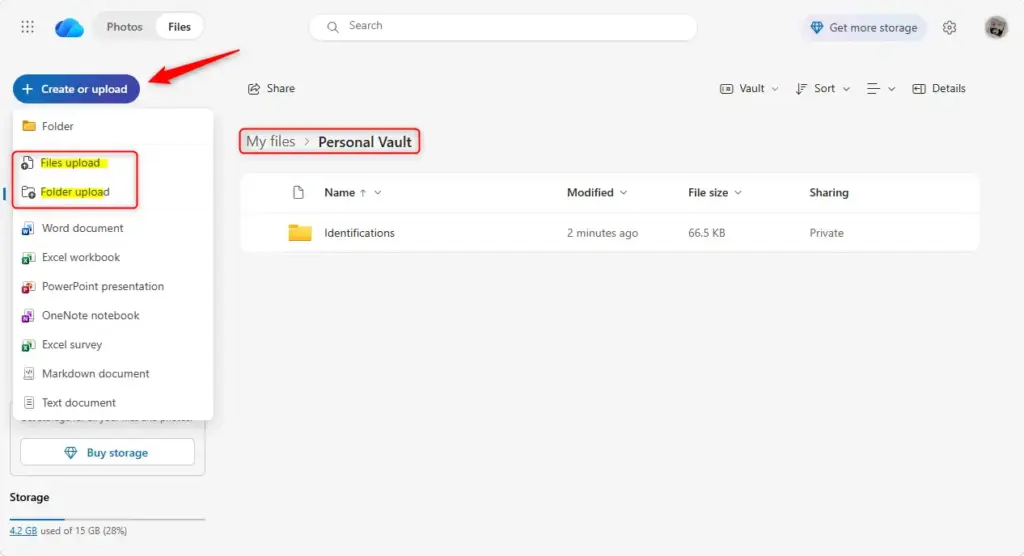 Uploading files and folders to OneDrive Personal Vault.