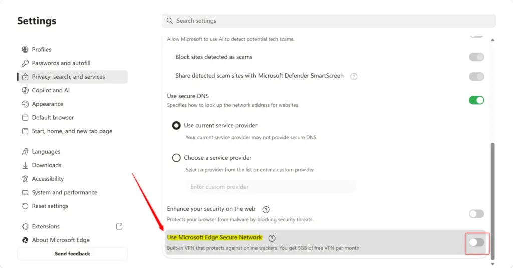 Microsoft Edge settings page for Privacy, Search, and Services.
